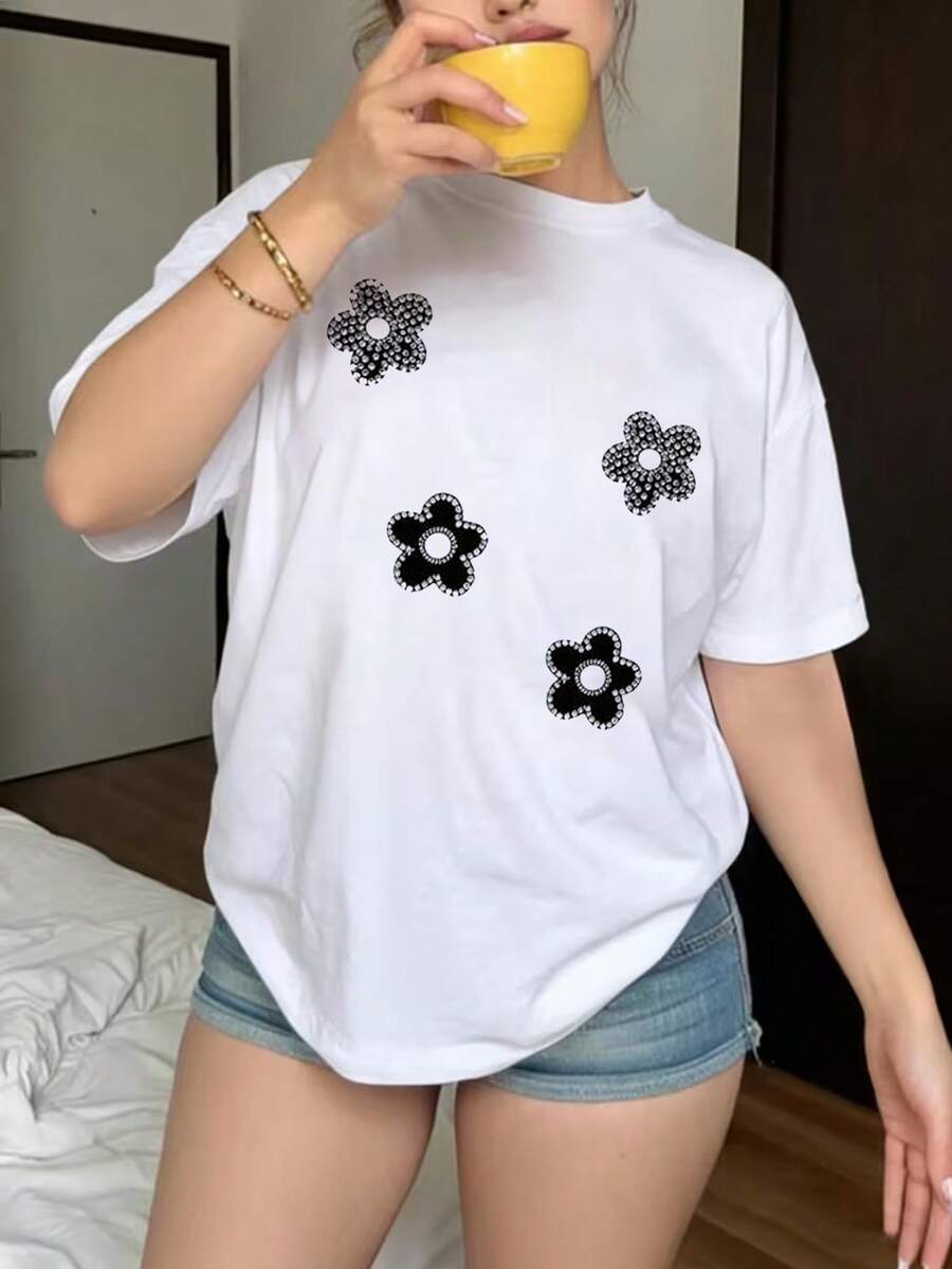 Women's Summer Fashion Short Sleeve T-Shirt Casual Outdoor Fashion 'Flower' Print Loose Casual Women's T-Shirt - trắng - Xem 1