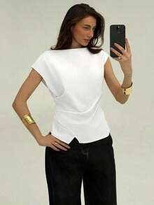 Blusa de oficina para mujer con cuello de barco, mangas cortas y corte cropped en color beige - Blanco - Ver 7