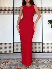 Vestido largo de mujer de vestido de escote con estampado de teñido anudado, vestido de verano largo, vestido largo verde maxi para outfit de mujer - Rojo fuego - Ver 5