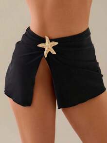 1 pieza Accesorio con estampado de estrella de mar sexy en un lado para cubrir traje de baño de mujer, para vacaciones en la playa, de un solo color y con abertura - Negro - Ver 4