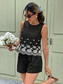 Set de 2 piezas de top sin mangas y shorts para mujer, de moda para el verano - Negro - Ver 3