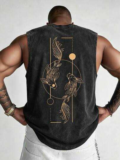  FRACTYR Men's Summer Casual Street Fashion Washed Vintage Yin Yang Koi Fish Print Sleeveless Tank Top, American Streetwear Loose Fit, New Chinese Style Round Neck Sleeveless Leisure Tank Top, Soft Touch