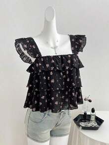 Blusa de mujer con patrón de cuadros arrugados, lunares negros, diseño suelto de mangas con volantes - Negro 2 - Ver 1