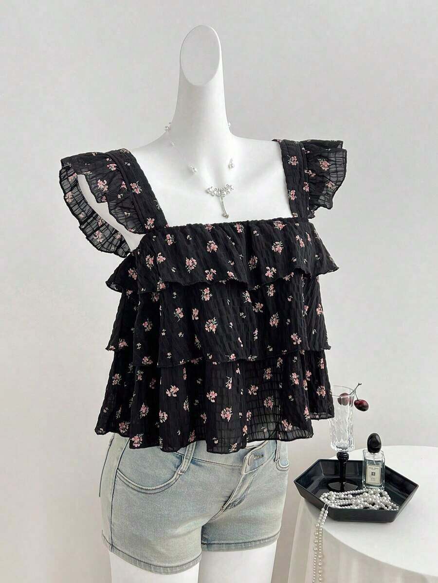 Blusa de mujer con patrón de cuadros arrugados, lunares negros, diseño suelto de mangas con volantes - Negro 2 - Ver 1