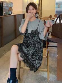 Vestido de verano de mujer de 2 en 1 con parches de encaje sin mangas y de manga corta - Gris - Ver 5