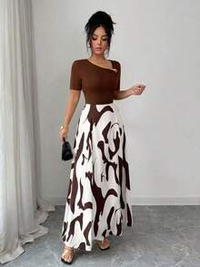 Vestido de línea A con cuello en V y cintura recogida con patrón abstracto en blanco y negro y decoración de hebilla de metal, elegante para uso diario, vacaciones, estilo retro francés, viajes, San Valentín, citas, ropa de calle, fiestas, principios de primavera/primavera-verano - Marrón - Ver 3