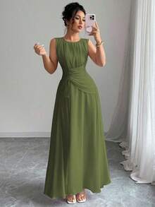 Vestido maxi casual, romántico, vintage y elegante de gasa para mujer con cordón en la cintura, para la playa, el té de la tarde, fiestas de noche, uso diario, sin mangas, de unicolor, vestido largo, primavera/verano - Verde militar - Ver 1