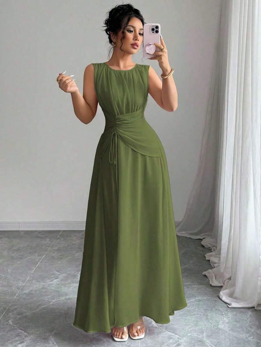 Vestido maxi casual, romántico, vintage y elegante de gasa para mujer con cordón en la cintura, para la playa, el té de la tarde, fiestas de noche, uso diario, sin mangas, de unicolor, vestido largo, primavera/verano - Verde militar - Ver 1