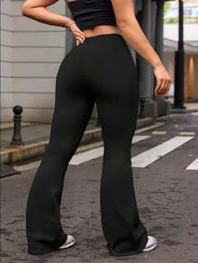 Pantalones acampanados de cintura alta de unicolor talla grande para mujer, leggings deportivos de yoga, pantalones de correr y fitness de primavera en color negro - Negro - Ver 2