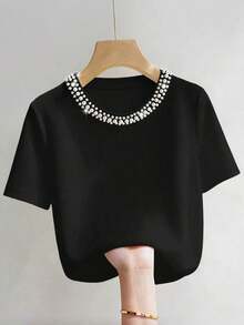 Camiseta de manga corta con cuello redondo ajustado, con cuentas y acanalada, elegante para mujeres - Negro 2 - Ver 3