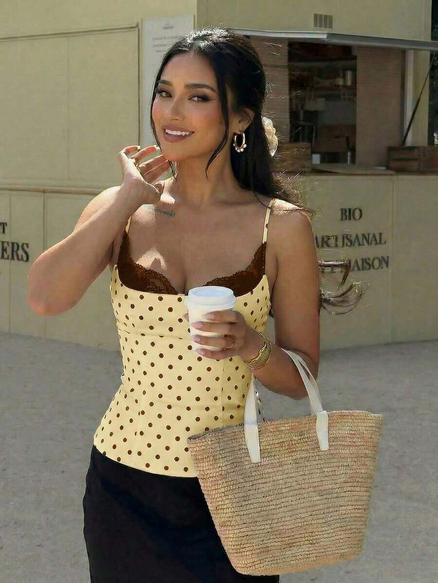 Elegante y romántica blusa de mujer con encaje negro y lunares blancos y negros, versátil para vacaciones, elegante y casual camiseta de tirantes con encaje de lunares para primavera y verano, corsé de lunares, para mujer en primavera, vacaciones de primavera, Día de San Valentín, elegante top de fiesta, top de lunares - Amarillo - Ver 1