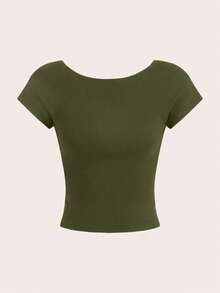 Camiseta casual de mujer de cuello de pico, manga corta y ajustada, versátil - Verde militar - Ver 6