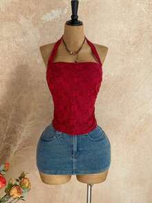 Parte superior corta ajustada con cuello de halter casual para vacaciones de mujer, verano de mujer, sin espalda, ropa de vacaciones de mujer, lunares, primavera de mujer, verano, parte superior para salir de mujer, vacaciones de mujer - Rojo - Ver 6