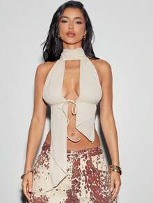 Top halter de malla con cuello alto, espalda abierta y recortes sexy, top sin espalda, atuendos de vacaciones para mujer, atuendos de verano para mujer, de moda, atuendos para ir de fiesta, tops sexy - Albaricoque - Ver 6