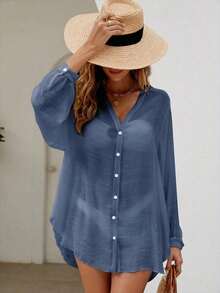 Holidaya Kimono unicolor con botón delantero - Azul - Ver 7