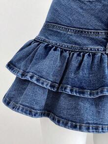 Falda de mezclilla de moda para mujer con diseño de cintura con botones y dobladillo con doble volante - Lavado ligero 2 - Ver 3