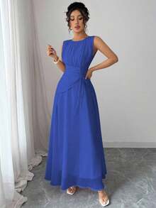 Vestido maxi casual, romántico, vintage y elegante de gasa para mujer con cordón en la cintura, para la playa, el té de la tarde, fiestas de noche, uso diario, sin mangas, de unicolor, vestido largo, primavera/verano - azul real - Ver 4