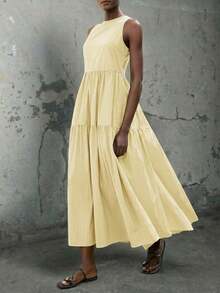 Vestido casual de vacaciones con diseño de volantes escalonados en verde jade, vestido cómodo con cuello redondo, división horizontal, parches y fruncidos, atuendo bohemio de playa, elegante vestido de estilo occidental para vacaciones de muje - Amarillo - Ver 1