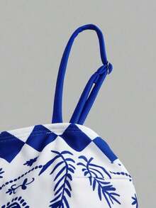 Swim Oasis 1 pieza Traje de baño de una pieza con estampado de palmeras tropicales azul y blanco para mujer, elegante y casual para cubrir en la playa y vacaciones - Azul y blanco - Ver 4