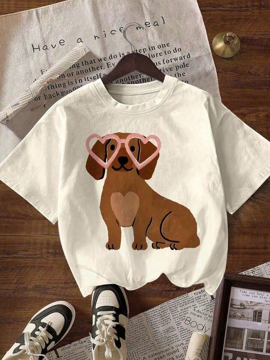 Women's Casual, Loose-Fitting, Round-Neck, Short-Sleeved T-Shirt With A Print Of A Dachshund Dog Wearing Heart-Shaped Glasses, Ideal For Everyday Wear In Spring And Summer. - 彩色 - 查看 1