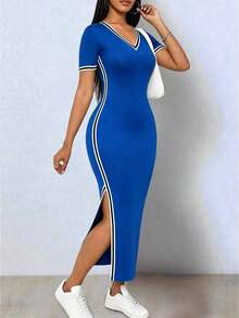 Vestido elegante de mujer de manga corta con cuello en V, de punto elástico de color negro con bloqueo de color, asimétrico con abertura en el bajo - Azul - Ver 7
