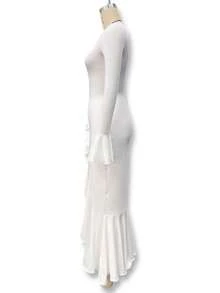 Sexy Maxi Dress In A Sexy Girl Style, Bell Sleeves, Fitted With Buttons And A Side Slit, Elegant European Fashion - 白色 - 查看 7
