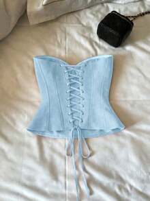 Top corto con corsé de cintura de espina de pescado, estilo sexy, tipo bandage, sin tirantes, para mujer, lindo para citas y fiestas, color negro, para verano - Azul - Ver 2