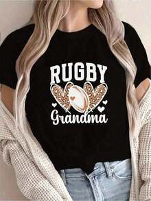 Solt 1 pieza [Recomendación de Nueva Llegada] Camiseta con Estampado de Abuela Jugando Rugby, Casual para Mujer, Vacaciones, Manga Corta, Cuello Redondo, Primavera Verano, Lavable a Máquina, Nueva Moda Femenina, Estilo Urbano Versátil, Efecto Adelgazante, Ropa Deportiva de Invierno para Mujer, 100% Algodón con Estampado Gráfico - Negro - Ver 1