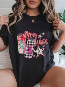 Camiseta Casual de Manga Corta para Mujer - Diseño con Estampado de Latas de Jugo y Estrellas, Cuello Redondo, Top de Verano, Lavable a Máquina, Camisetas para Damas, Ropa Casual, Estilo Moderno, Ajuste Cómodo  
 -Blanco - Negro - Ver 1