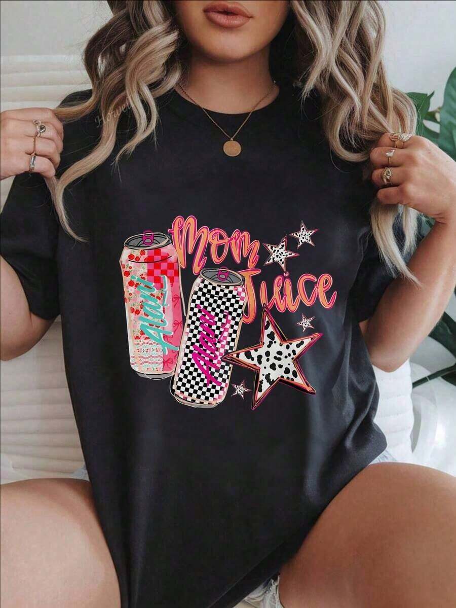 Camiseta Casual de Manga Corta para Mujer - Diseño con Estampado de Latas de Jugo y Estrellas, Cuello Redondo, Top de Verano, Lavable a Máquina, Camisetas para Damas, Ropa Casual, Estilo Moderno, Ajuste Cómodo
-Blanco - Negro - Ver 1