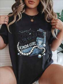 Camiseta Casual de Manga Corta para Mujer - Estilo Blue Jeans And Pearls Kinda Girl, Cuello Redondo, Top de Verano, Lavable a Máquina, Camisetas para Damas, Ropa Casual, Aspecto Moderno, Ajuste Cómodo  
 Negro - Negro - Ver 7