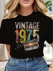 Women's Casual T-Shirt With Vintage 1975 Limited Edition Cassette Tape Graphic Print, Soft And Comfortable, Ideal Gift For Birthdays, Christmas, Anniversaries. Suitable For Spring, Summer, And Autumn. - 黑色 - 查看 5