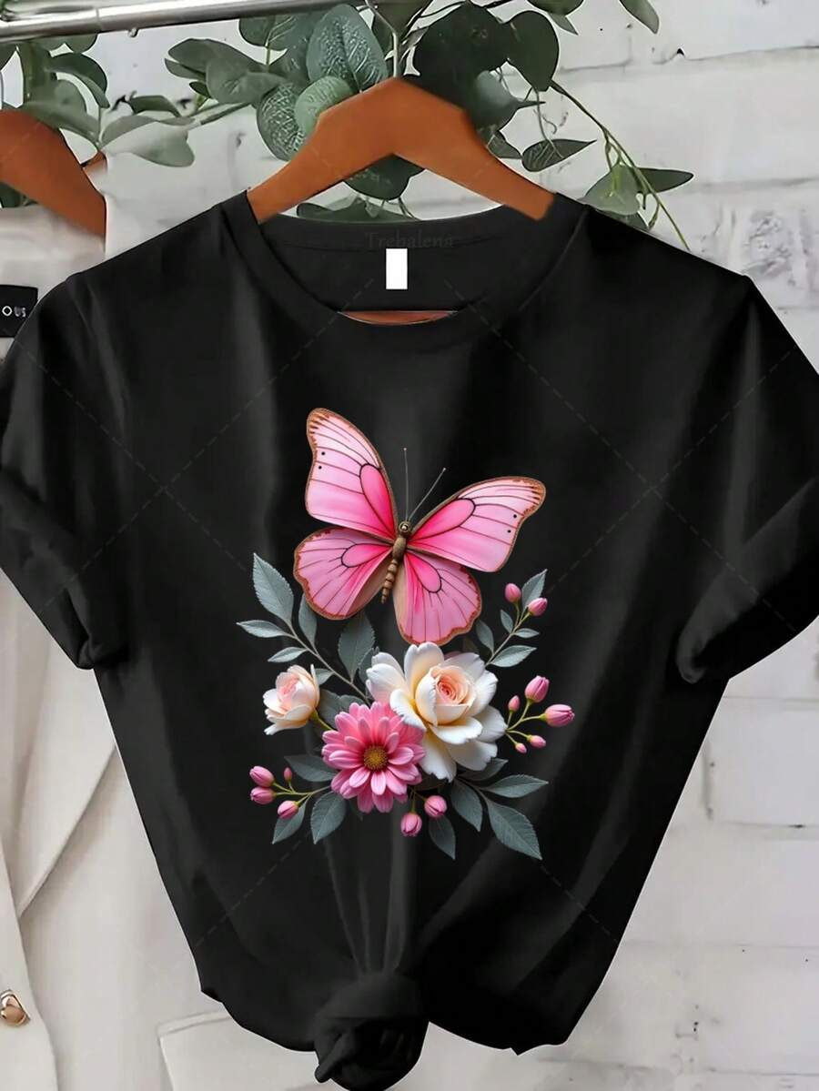 Ropa clásica de talla grande para mujer, camiseta con estampado de mariposas rosas - top casual de manga corta y cuello redondo, adecuada para primavera, verano y otoño, con patrones florales y de alas aleatorios, lavable a máquina, un hermoso regalo para Navidad, Acción de Gracias y Año Nuevo (Éxito de ). - Negro - Ver 1