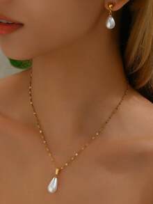 Set de 3 piezas de collar, gargantilla y aretes con perlas falsas, de estilo minimalista y versátil para uso diario, de moda para mujeres - B - Ver 5