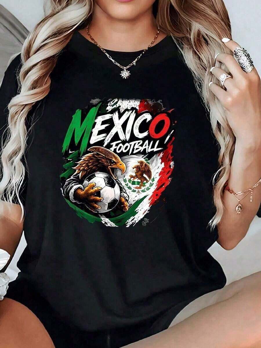 Summer 100% Cotton Mexican Eagle Holding A Ball With Strength And Tricolor Background That Symbolizes National Pride And Football Passion. Women's 100% Cotton T-Shirt, Comfortable And Vibrant For Sports Fans. Fashion All-Match Women's Short Sleeve T-Shirt, Basic Style For Inner & Outer Wear - 黑色 - 查看 1
