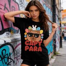 Tops para mujerAdorable de Algodón Blanca con Estampado de Huevos de Pascua de Capibara para Mujer, Casual, de Longitud Regular, Manga Corta, Cuello Redondo, Top de Verano, Ropa de Verano para Mujer, Ropa de Vacaciones para Mujer, Tops de Mujer, Tops de Verano, Conjuntos de Verano, Ropa de Verano, Regalos de Pascua - Negro - Ver 2