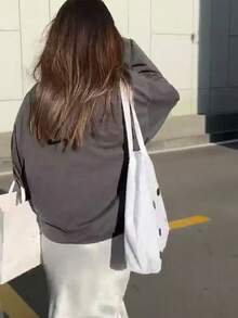Korean Fashion Sequin Letter Canvas Tote Bag, Large Capacity Niche Design Casual Versatile Commute Daily Shopping Shoulder Handbag - White - View 3