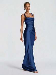 Red Satin Square Neck Maxi Dress, Ruched Bodycon Formal Evening Gown With Gloves - Navy Blue - View 3