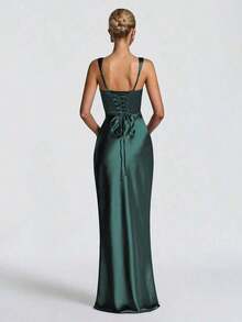 Vestidos elegantes Glamrae - Vestido de satén elegante con cintura ajustada y cordones, vestido largo para fiesta de Halloween, vestido formal de cóctel para banquete, vestido de fiesta de Navidad, vestido de boda de San Valentín, Vestidos Elitara - Verde oscuro - Ver 2