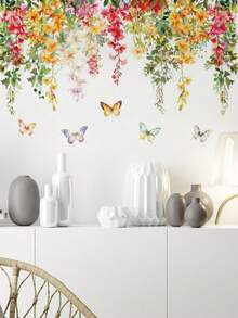 Watercolor Green Plant & Butterfly Wall Stickers, Self-Adhesive Waterproof Grease-Proof, Mori Style, Ins Aesthetic, Living Room Bedroom Bathroom Rental Renovation, Fresh Atmosphere Decor - Wall Stickers - View 2