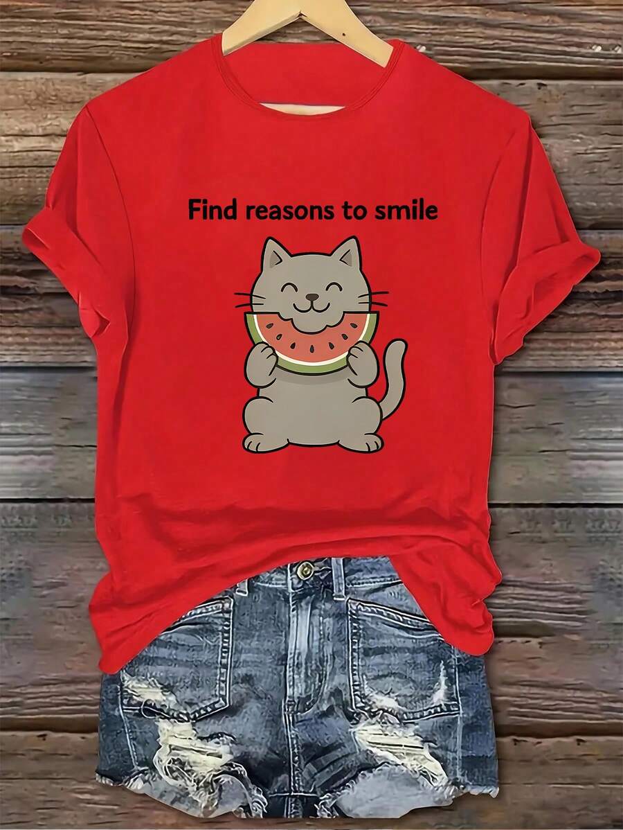 1 Piece Of Casual Short-Sleeved T-Shirt With A Round Neck, Printed With A Cute Kitten And Watermelon Design, Made Of Polyester Fiber, Machine Washable, Suitable For Daily Wear, 100% Cotton. Women's Warm Clothing - 紅色 - 查看 1