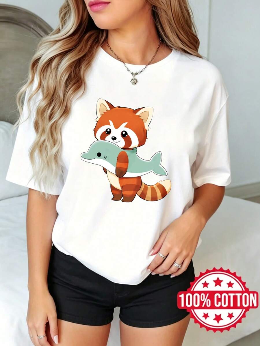 Camiseta de manga corta con cuello redondo y estampado, para dama, de verano Panda Rojo Sosteniendo Delfín S-3XL 100% aodón material transpirable