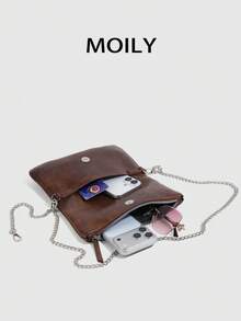 1pc Rivet Design Shoulder Crossbody Square Bag, PU Material, Metal Chain, Zipper Closure, Suitable For Shopping, Dating, Commuting, Party, Gift Giving - Brown - View 6
