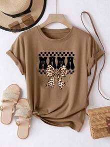 Camiseta oversize marrón de verano para mujer con estampado "Mama" mixto y lazo occidental Playera holgada de cuello redondo con diseño de letras "Mama" con estampados animales y lazo - YH379-Marrón - Ver 2