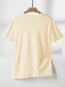 Camiseta de manga corta estampada para mujer, con diseño floral blanco, cuello redondo, estilo casual, adecuada tanto para ocasiones cotidianas como formales, ropa versátil, estilo vintage, lavable a máquina, para entusiastas de la moda, 100% algodón. - Albaricoque - Ver 3