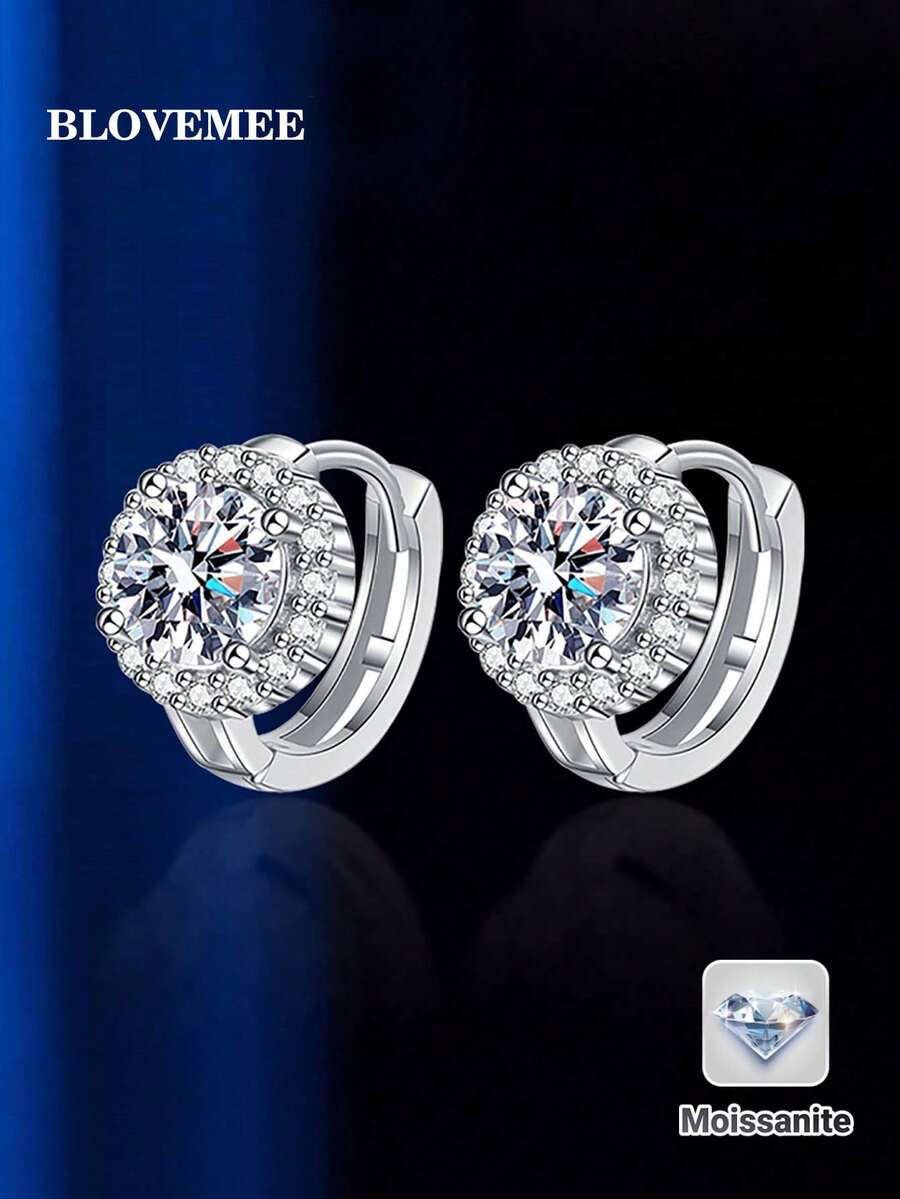 2pcs Fashionable And Versatile 925 Silver 50pt Moissanite Stud Earrings For Women, Suitable For Daily Wear, Office, Party Or As Mother Day Jewelry Gift Rhinestone Earrings - White - View 1