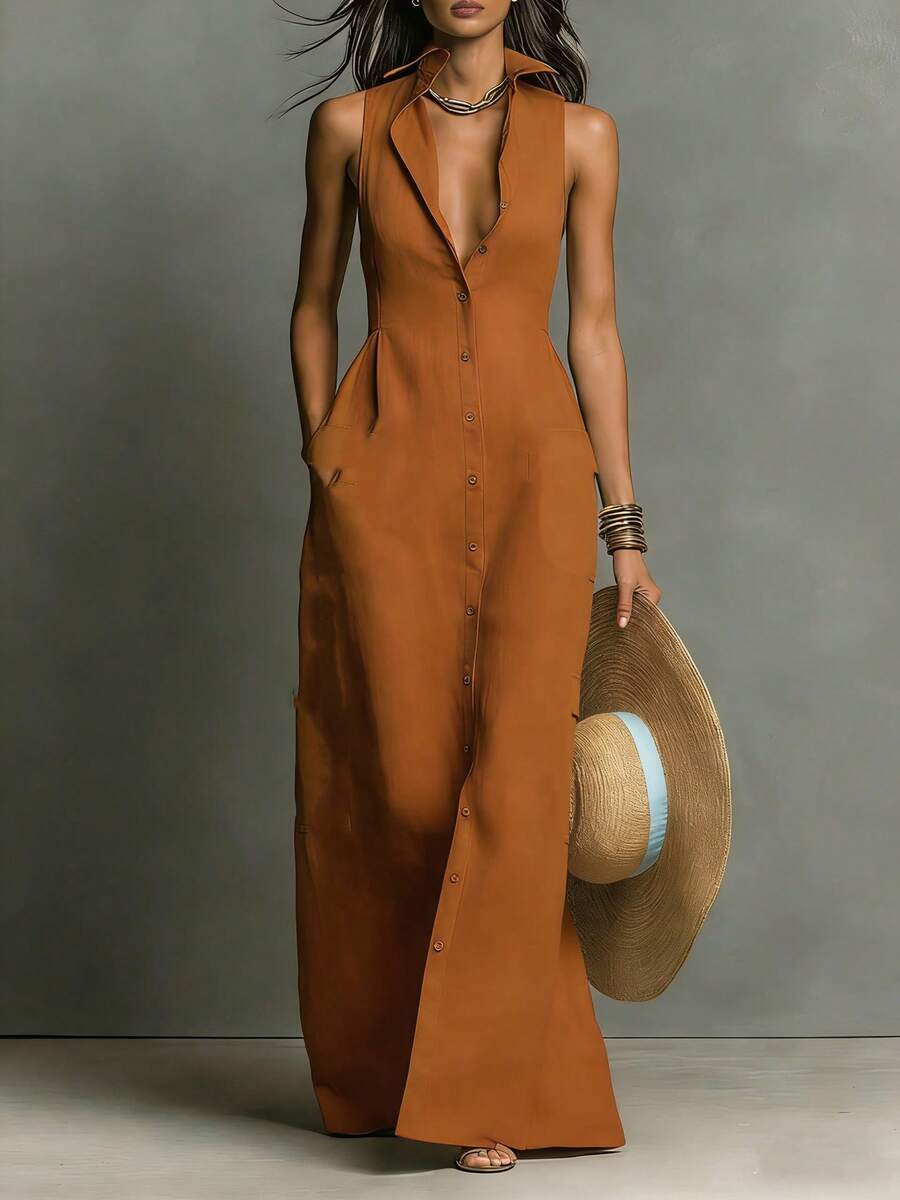 Nuevo 2026 Vestido Midi Mujer Estilo Europeo con Cuello y Botones Sin Mangas Verano - Rosa - Ver 1