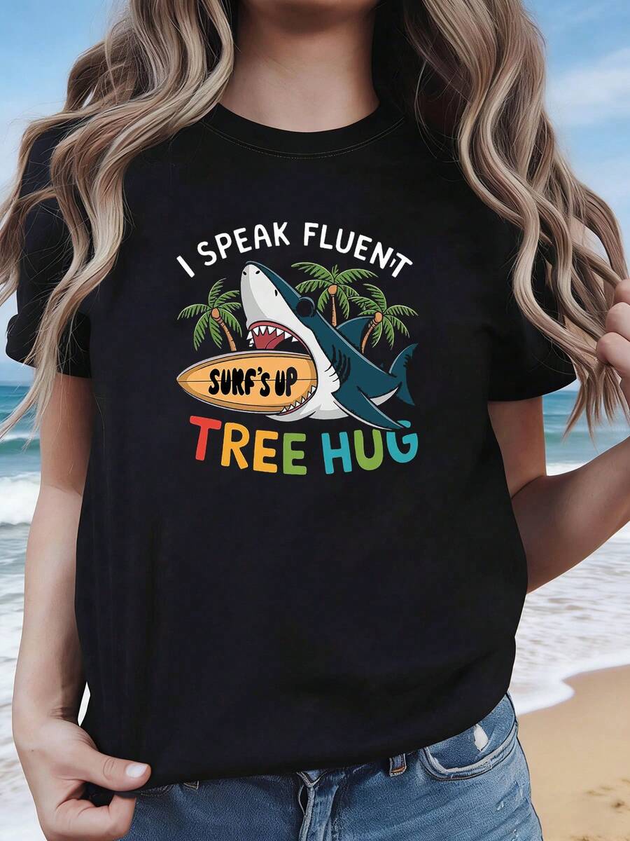 Size - Size - Women's Size T-Shirt With Funny And Crazy Shark Graphic Print, Casual Short Sleeve Crew Neck Top For Summer And Spring, Women's Clothing - 黑色 - 查看 1