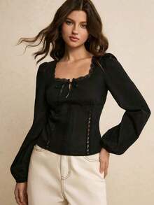 Blusa de manga larga con cuello cuadrado, decoración de lazo y encaje de contraste para mujer - Negro - Ver 3