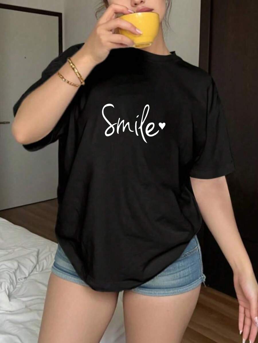 Camiseta Clásica de Manga Corta para Mujer, Disponible en Varios Colores, Corte Holgado, Camiseta de Verano - Negro - Ver 1
